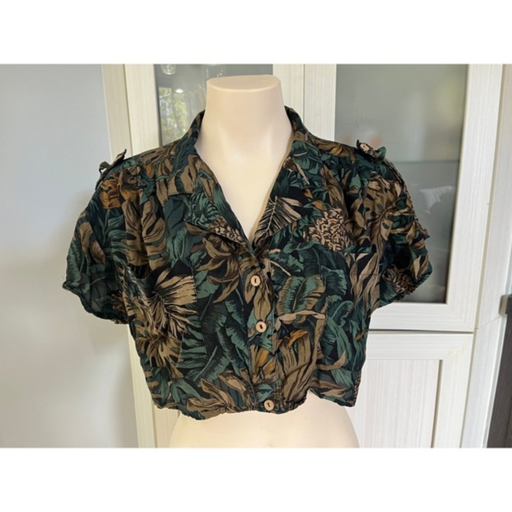 Cami Vintage Tropical Botanical Print Cropped Button Down Shirt Green Brown L
